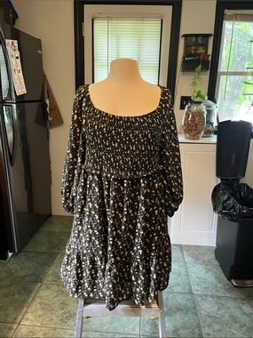 Black Floral Smocked Mini Dress with Puff Sleeves